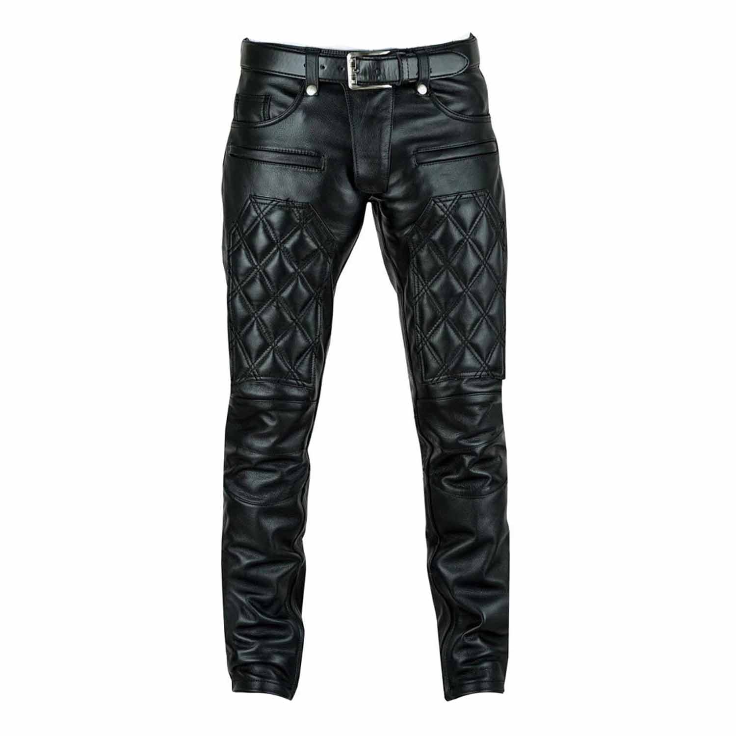 Front view of men's black quilted leather biker pants showcasing the diamond-stitched knee padding and functional zippered pockets.