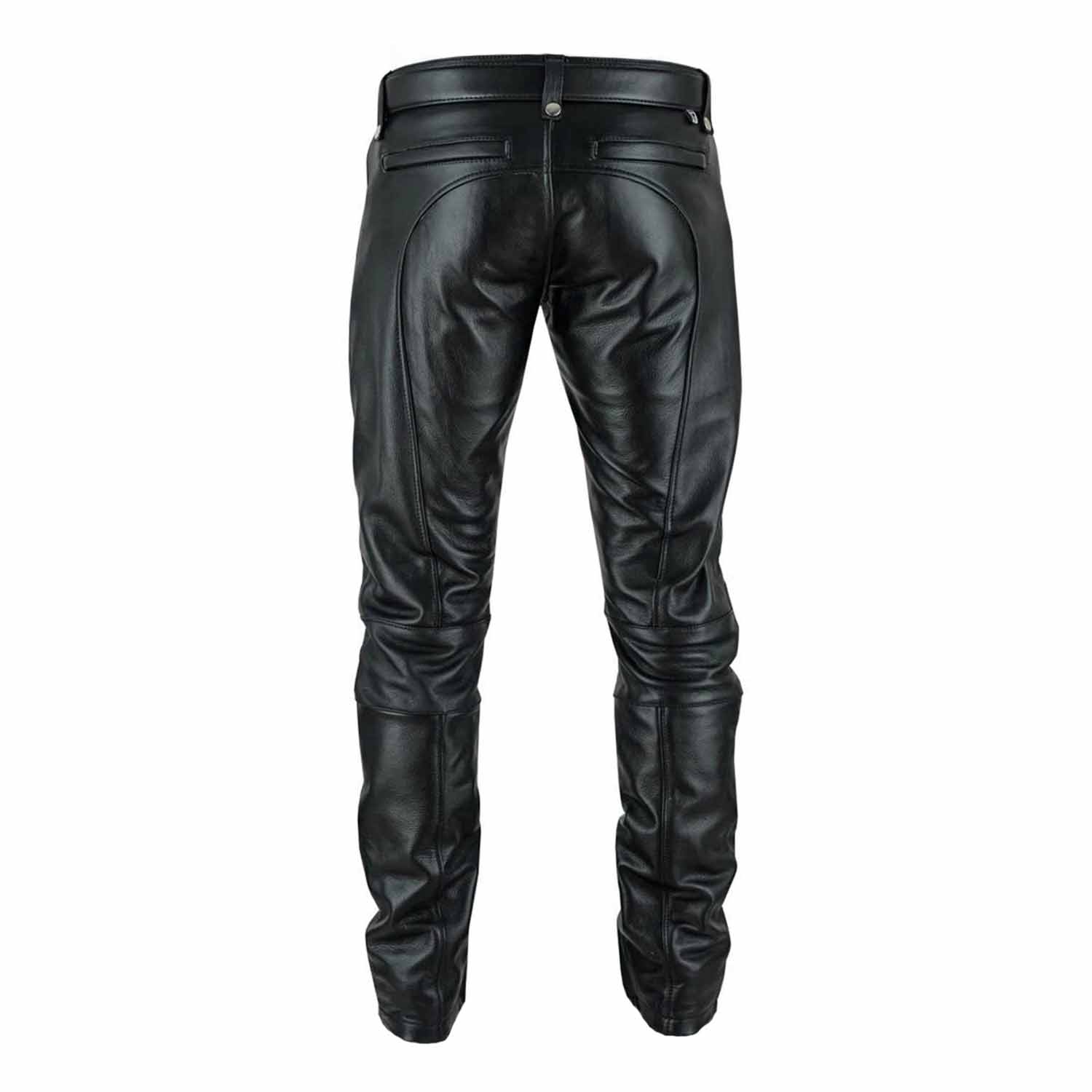 Rear view of the slim-fit black leather motorcycle trousers displaying clean paneling and tailored back pockets.