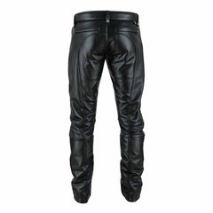 Rear view of the slim-fit black leather motorcycle trousers displaying clean paneling and tailored back pockets.