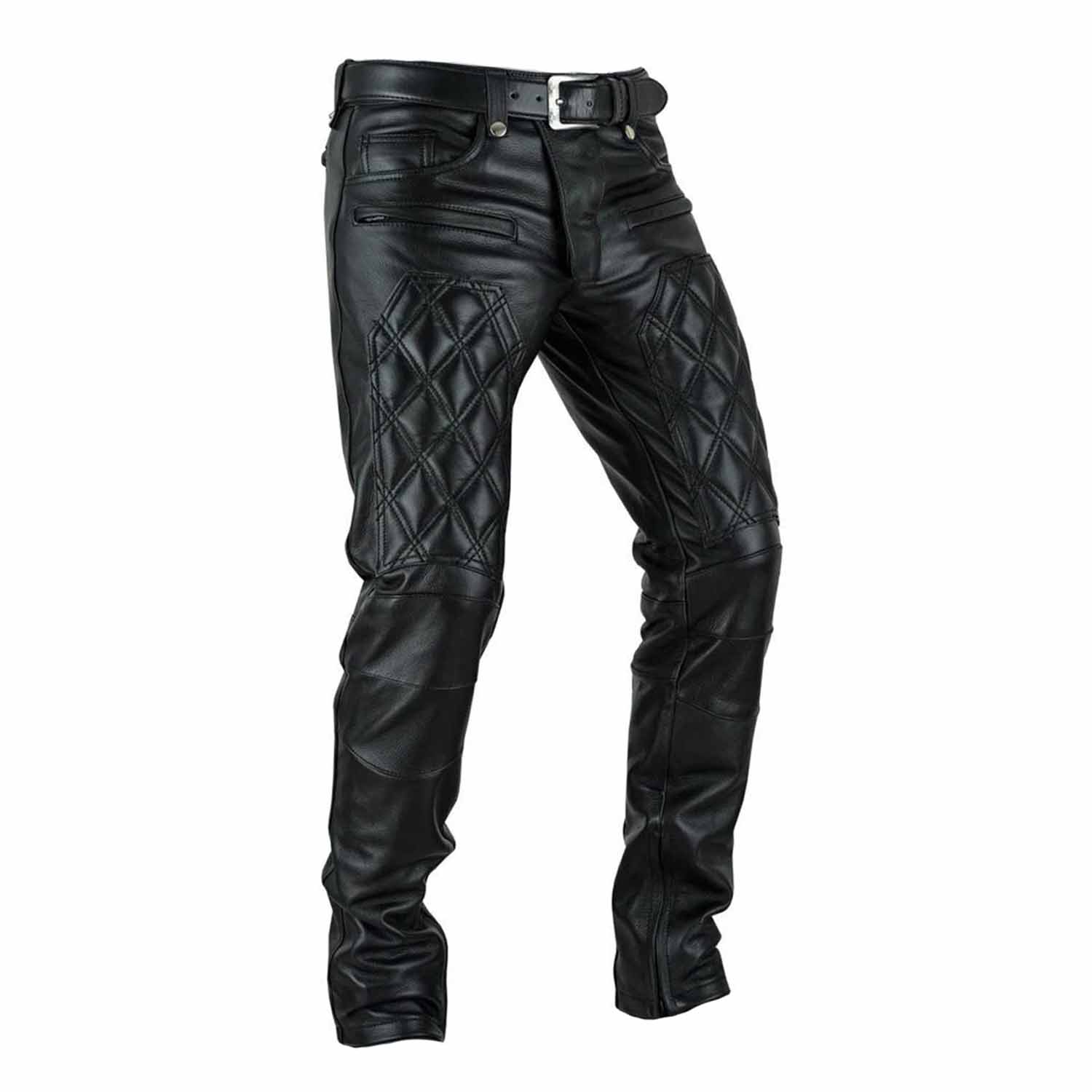 Angled front perspective of the handcrafted leather biker pants highlighting the low-waist cut and textured padding.