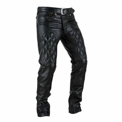 Angled front perspective of the handcrafted leather biker pants highlighting the low-waist cut and textured padding.