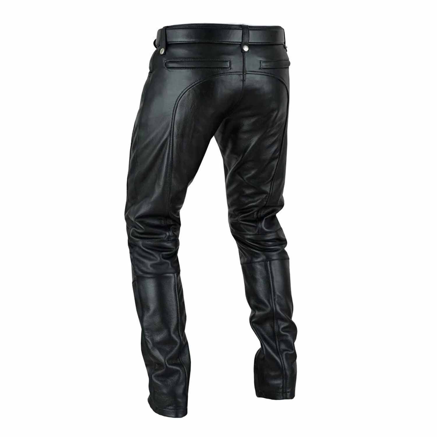 Angled back view of men's black leather trousers illustrating the smooth leather finish and refined silhouette.