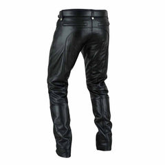 Angled back view of men's black leather trousers illustrating the smooth leather finish and refined silhouette.
