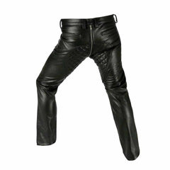 Rear view of men's black cowhide biker breeches featuring a full YKK rear zipper and quilted saddle seat paneling.