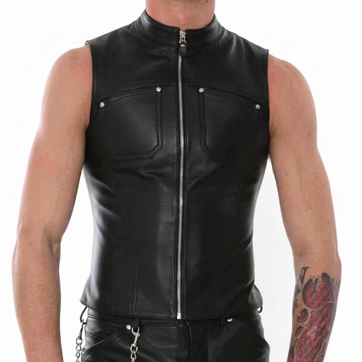 Front view of men's black real cow leather motorcycle vest with zipper and chest pockets