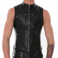 Front view of men's black real cow leather motorcycle vest with zipper and chest pockets