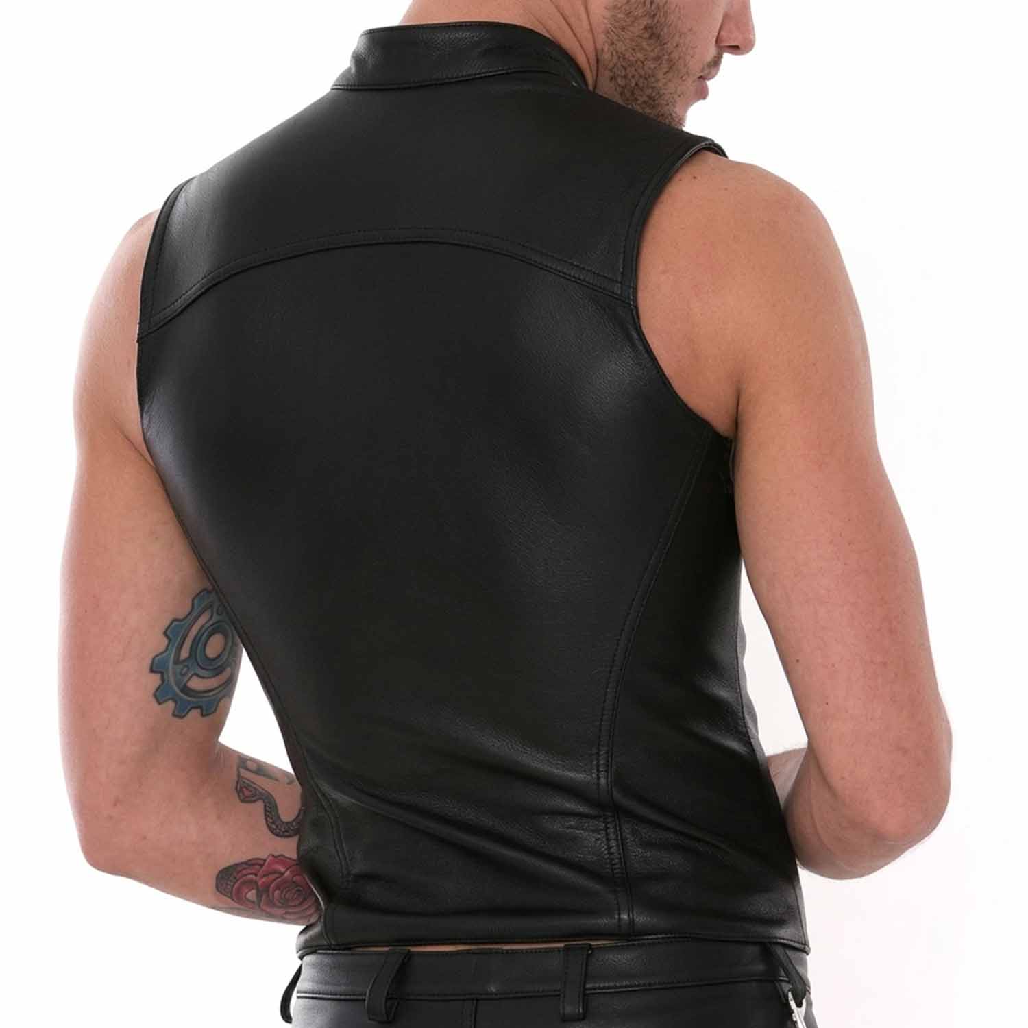 Back view of sleek black cowhide leather biker waistcoat showing smooth patch-ready design