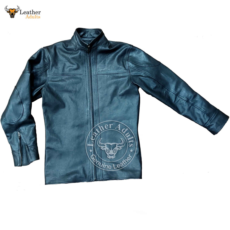 Men's Black Real Cowhide Leather Full Sleeve BLUF Shirt with Full Front Zipper