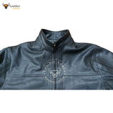 Men's Black Real Cowhide Leather Full Sleeve BLUF Shirt with Full Front Zipper