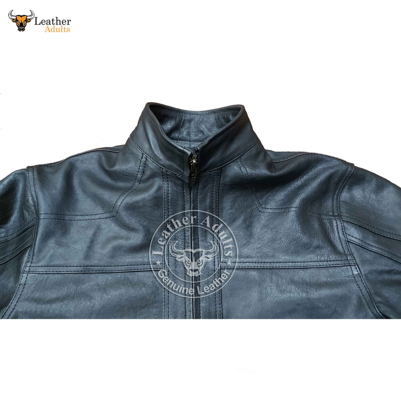 Men's Black Real Cowhide Leather Full Sleeve BLUF Shirt with Full Front Zipper
