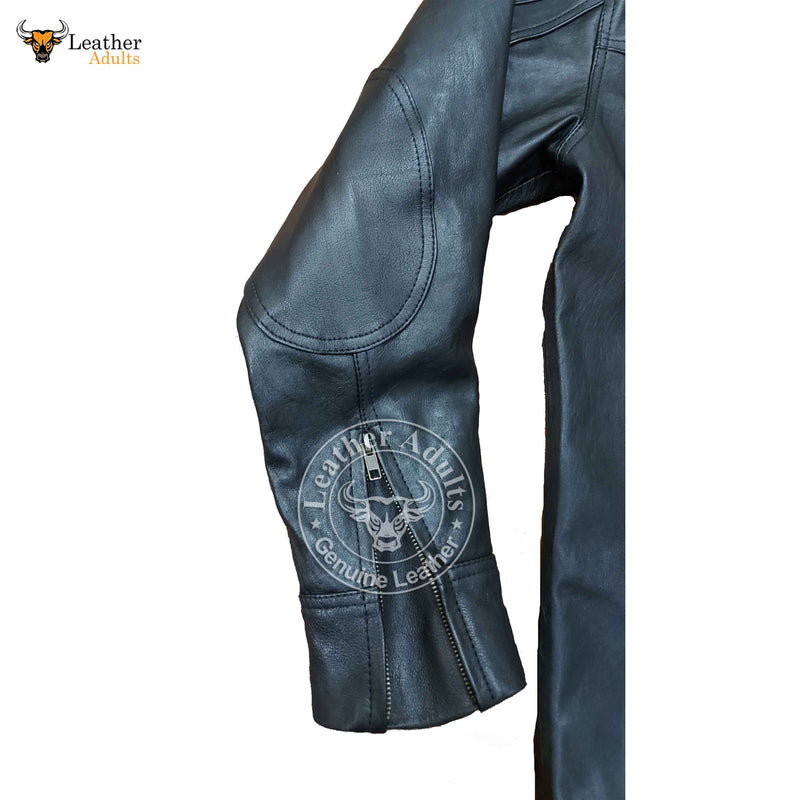 Men's Black Real Cowhide Leather Full Sleeve BLUF Shirt with Full Front Zipper