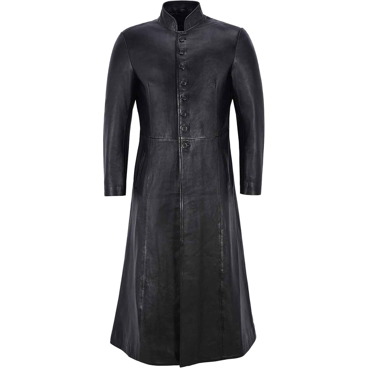 Full front view of a men's black cowhide leather Matrix trench coat showing the mandarin collar, button closure, and flared skirt.