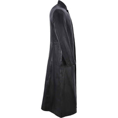 Side profile view of a long black cowhide leather Matrix Reloaded style coat highlighting sleeve fit and skirt drape.