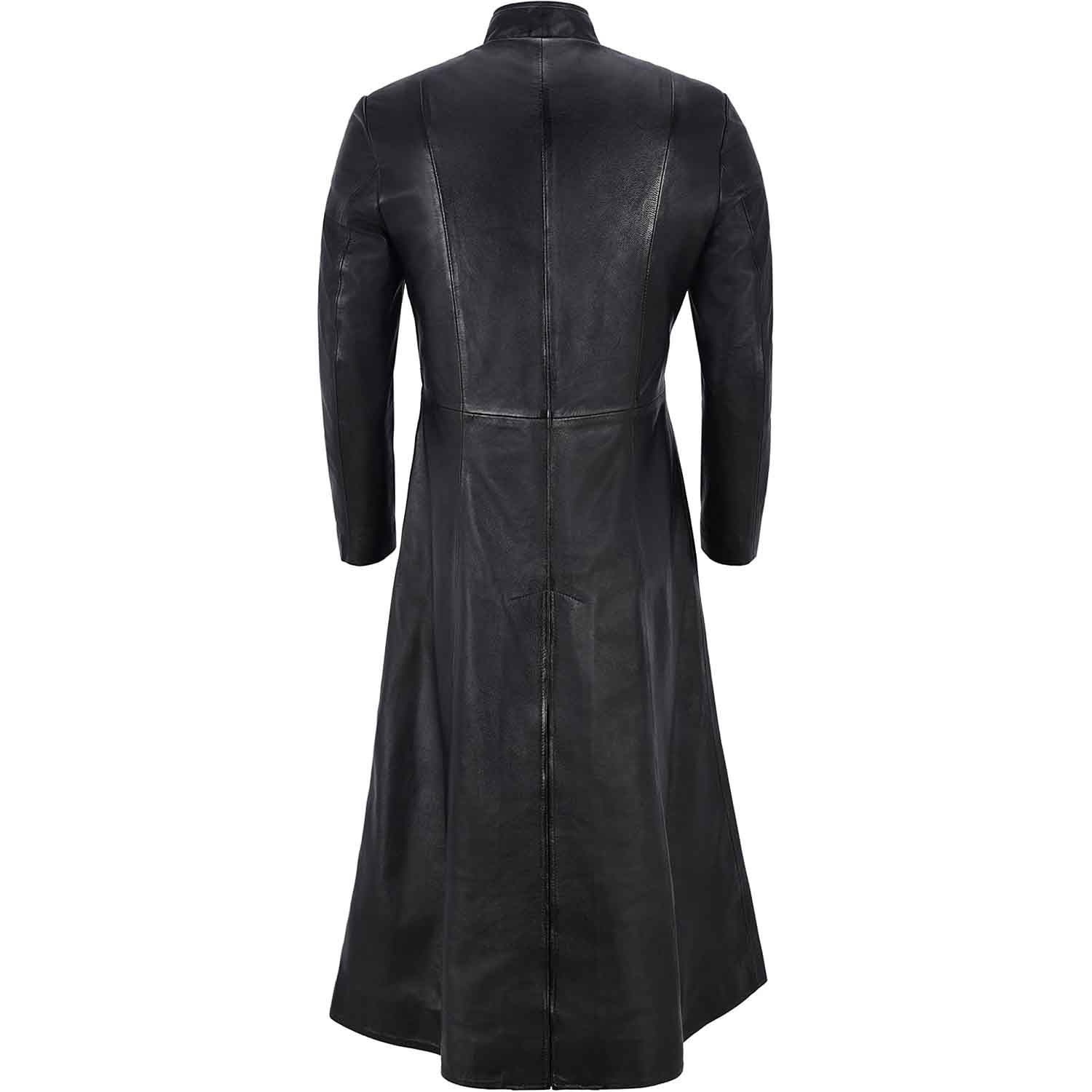 Back view of a long black leather gothic Van Helsing duster coat displaying vertical seam lines and tailored waist.
