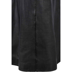 Detailed shot of the high stand mandarin collar and black front buttons on a handcrafted men's leather trench coat.