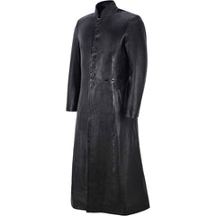 Three-quarter front profile of a men's black real leather steampunk trench coat showing the side slash pocket layout.