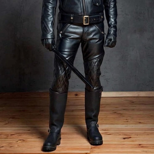 Men's Black Real Cowhide Leather Quilted Panels Breeches Trousers Pants Bikers Jeans Leder Breeches
