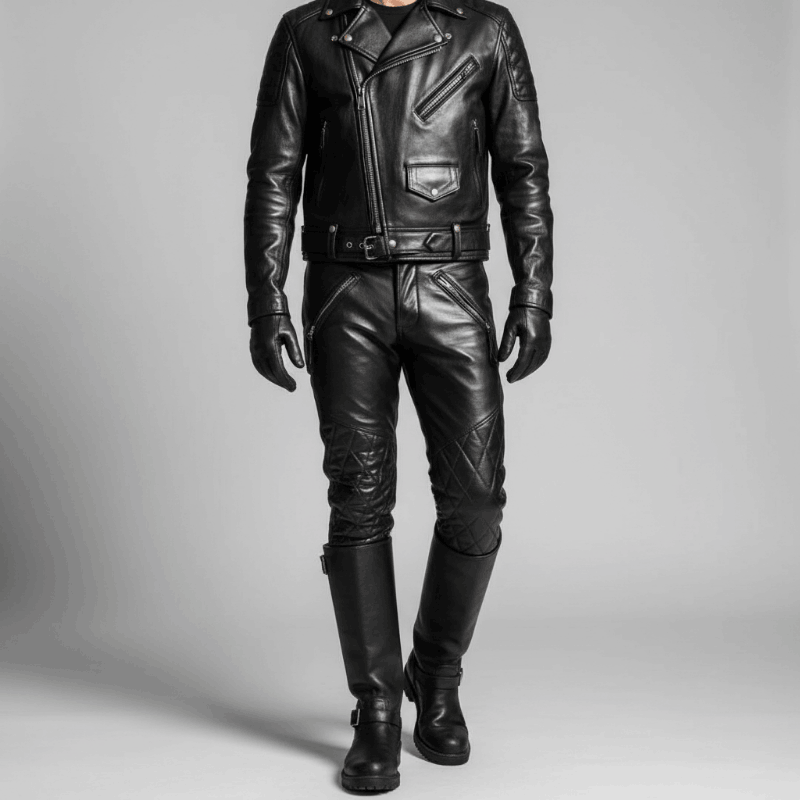 Men's Black Real Cowhide Leather Quilted Slim BLUF Trousers Pants Bikers Jeans Leder Breeches