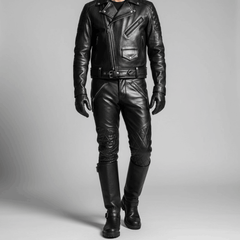 Men's Black Real Cowhide Leather Quilted Slim BLUF Trousers Pants Bikers Jeans Leder Breeches