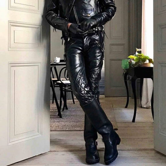 Men's Black Real Cowhide Leather Quilted Slim BLUF Trousers Pants Bikers Jeans Leder Breeches