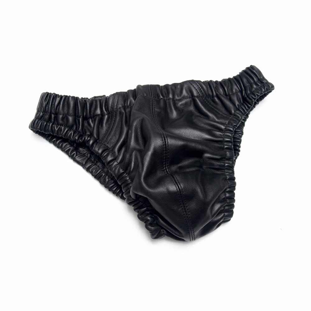 Flat lay of men's genuine black leather briefs showing soft gathered leg openings and stitching