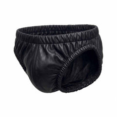 Side angle of men's soft black real leather underwear showing leg openings and smooth lining