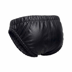 Rear view of men's black real leather underwear shorts highlighting full coverage back panel and elastic waistband