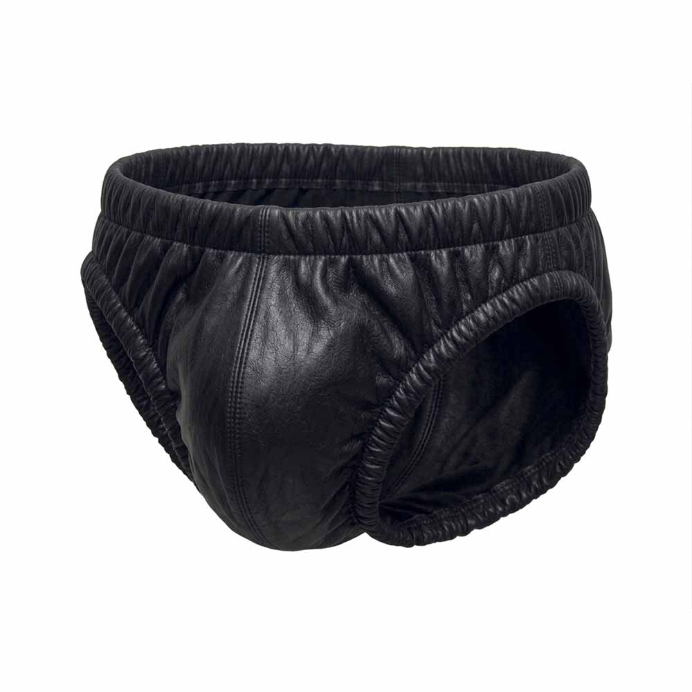 Men's black real lambskin leather underwear shorts front view showing soft leather grain and elastic waistband
