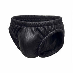 Men's black real lambskin leather underwear shorts front view showing soft leather grain and elastic waistband