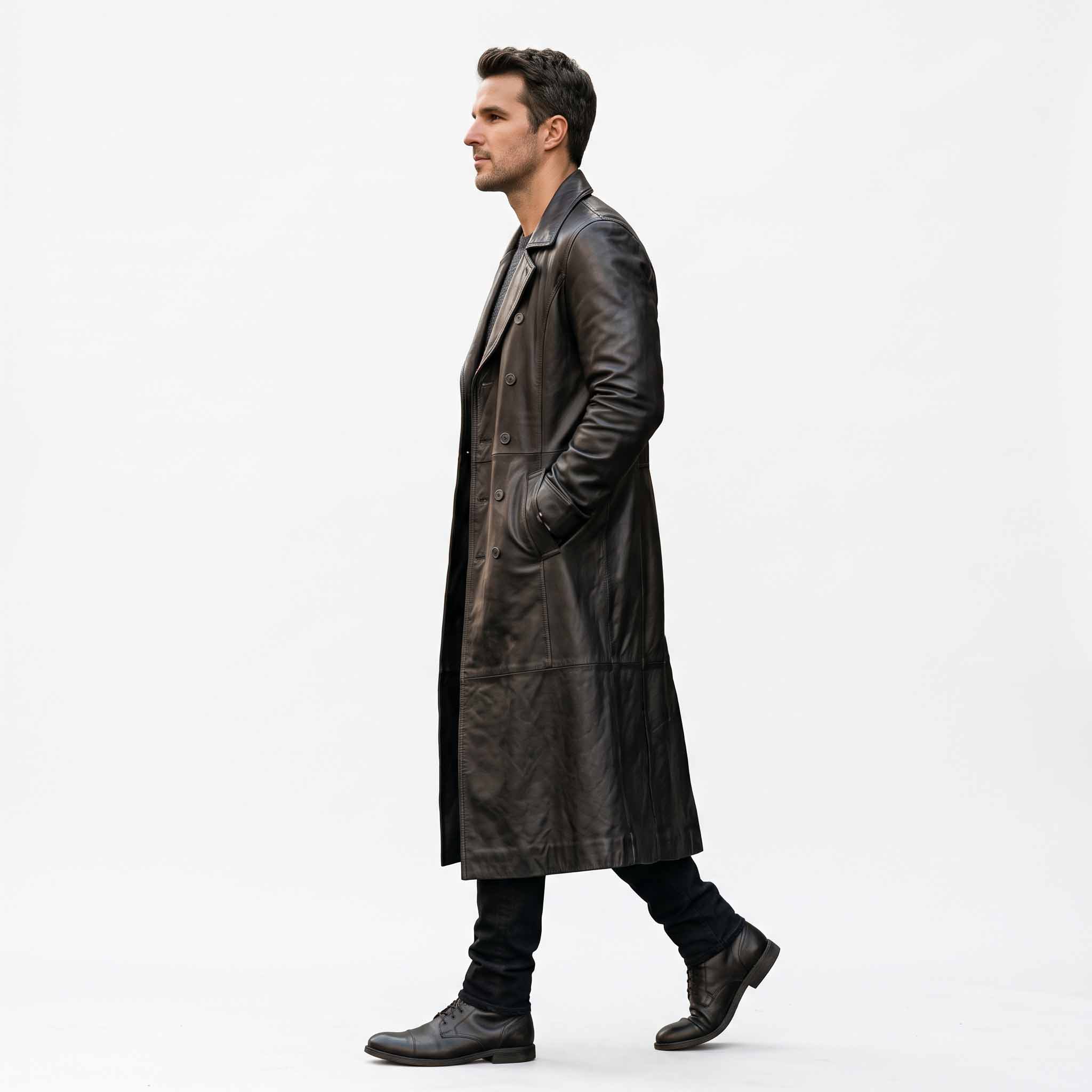 Side profile walking shot of man wearing tailored long black leather trench coat with hands in pockets on white studio background