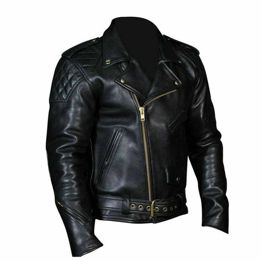 Three-quarter front view of a black genuine leather biker jacket displaying zippered chest and hand pockets alongside a front snap-flap coin pocket.