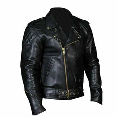 Three-quarter front view of a black genuine leather biker jacket displaying zippered chest and hand pockets alongside a front snap-flap coin pocket.