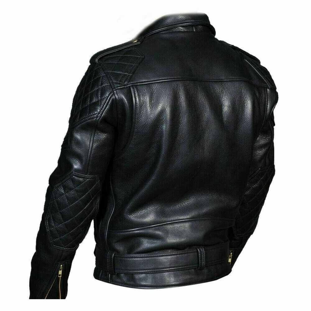 Back view of a men's black leather motorcycle jacket showcasing diamond-quilted shoulder and elbow patches with a structured lower back waist belt.