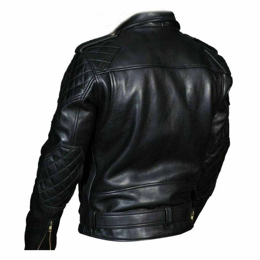 Back view of a men's black leather motorcycle jacket showcasing diamond-quilted shoulder and elbow patches with a structured lower back waist belt.
