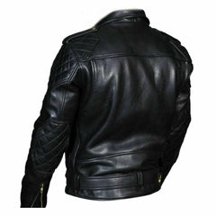 Back view of a men's black leather motorcycle jacket showcasing diamond-quilted shoulder and elbow patches with a structured lower back waist belt.