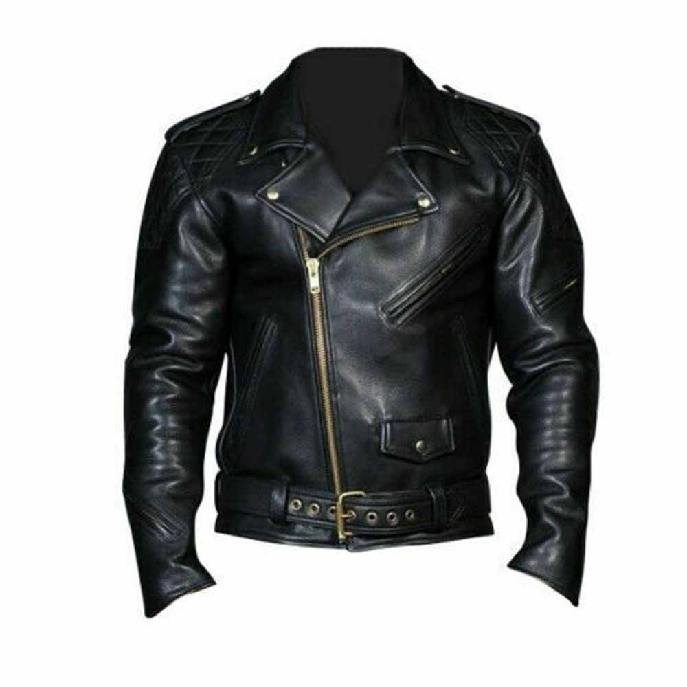 Front view of a men's black thick cowhide leather biker jacket featuring an asymmetrical brass zipper, wide lapels, quilted shoulders, and a buckled waist belt.