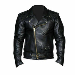 Front view of a men's black thick cowhide leather biker jacket featuring an asymmetrical brass zipper, wide lapels, quilted shoulders, and a buckled waist belt.