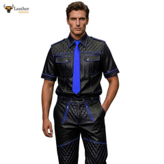 Men’s Black & Blue Contrast Real Leather Shirt & Breeches Set BLUF Style