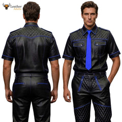 Men’s Black & Blue Contrast Real Leather Shirt & Breeches Set BLUF Style