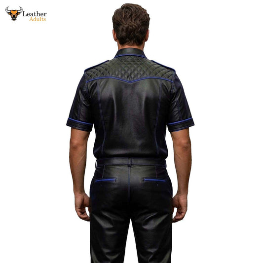 Men’s Black & Blue Contrast Real Leather Shirt & Breeches Set BLUF Style