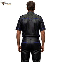 Men’s Black & Blue Contrast Real Leather Shirt & Breeches Set BLUF Style