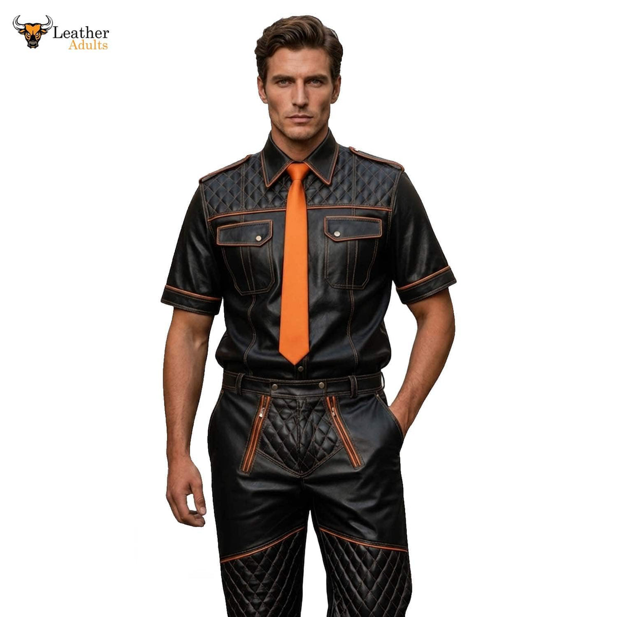 Men’s Black & Orange Contrast Real Leather Shirt & Breeches Set BLUF Style