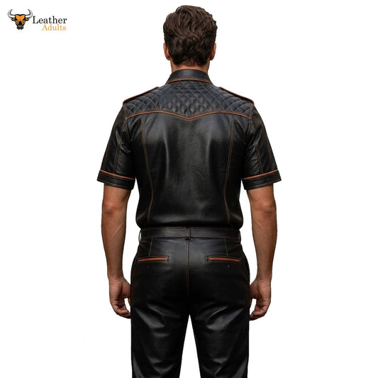 Men’s Black & Orange Contrast Real Leather Shirt & Breeches Set BLUF Style