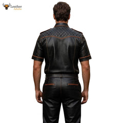 Men’s Black & Orange Contrast Real Leather Shirt & Breeches Set BLUF Style