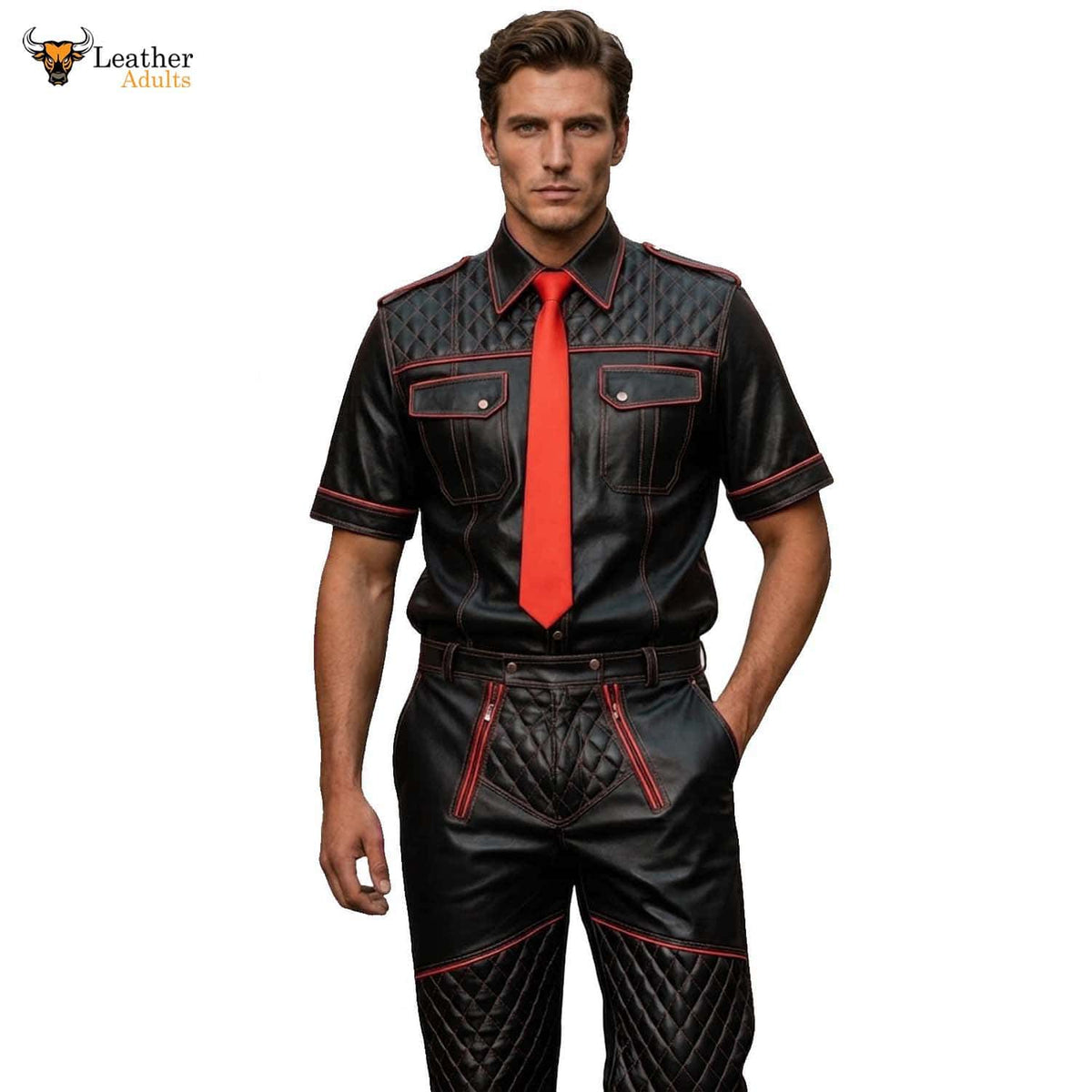 Men’s Black & Red Contrast Real Leather Shirt & Breeches Set BLUF Style