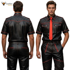 Men’s Black & Red Contrast Real Leather Shirt & Breeches Set BLUF Style