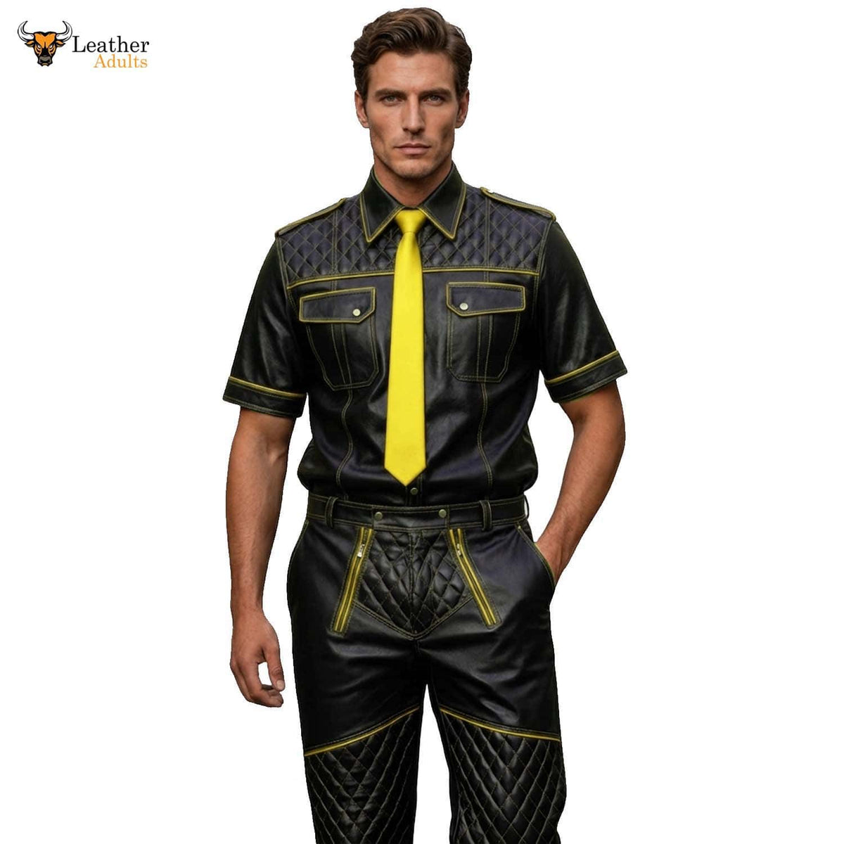 Men’s Black & Yellow Contrast Real Leather Shirt & Breeches Set BLUF Style