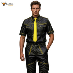 Men’s Black & Yellow Contrast Real Leather Shirt & Breeches Set BLUF Style