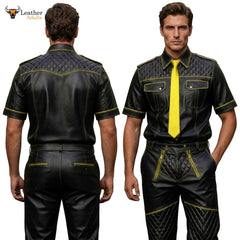 Men’s Black & Yellow Contrast Real Leather Shirt & Breeches Set BLUF Style
