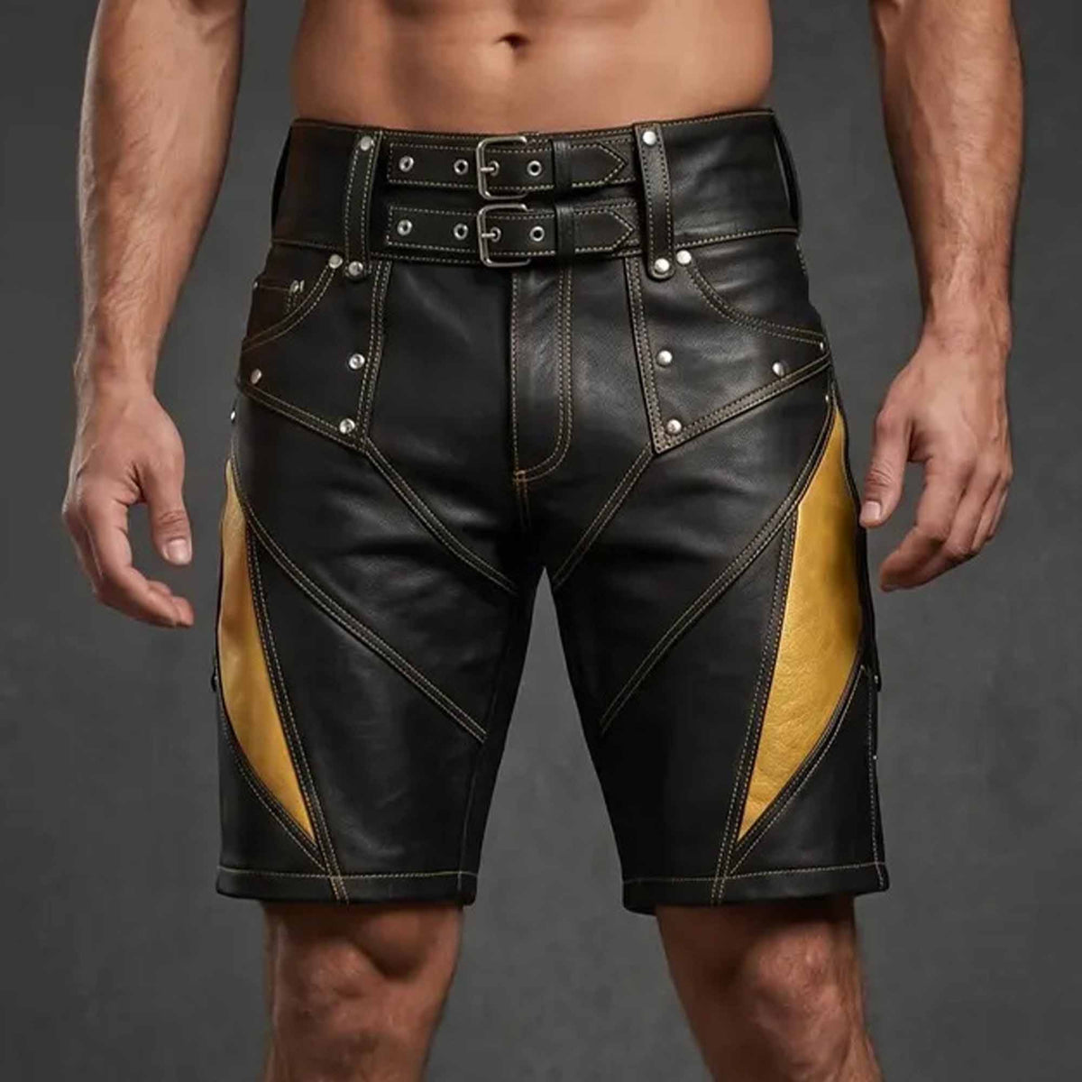 Front full view of men's black and yellow genuine leather designer shorts featuring an extended double-buckle waistband and contrast side panels.